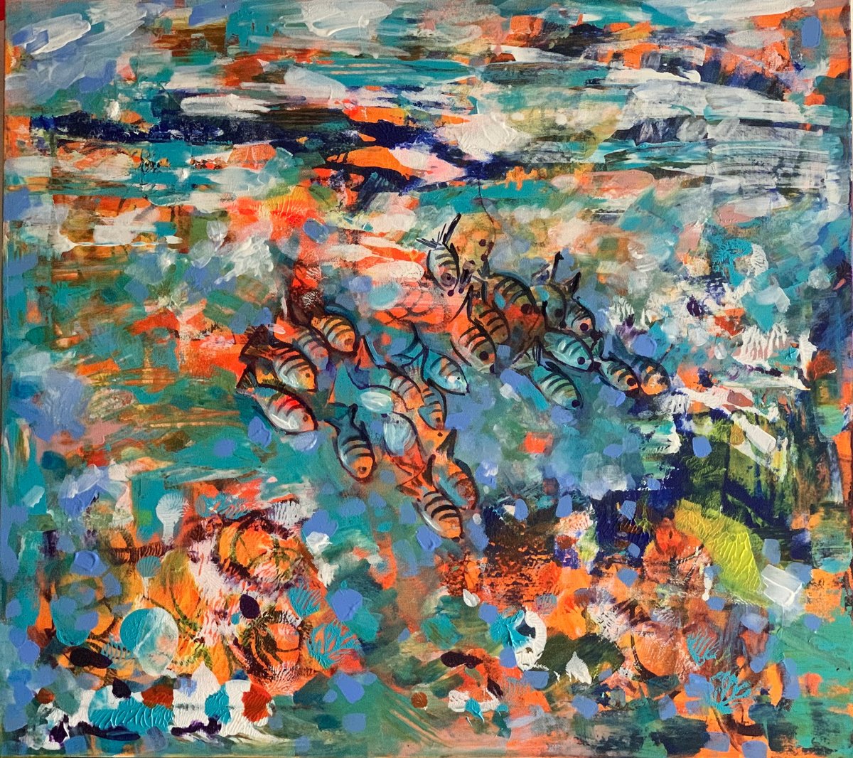 Impressionistic Landscape Acrylic Painting By Olga Pascari, 28 X 25", Sealife, Original Artwork