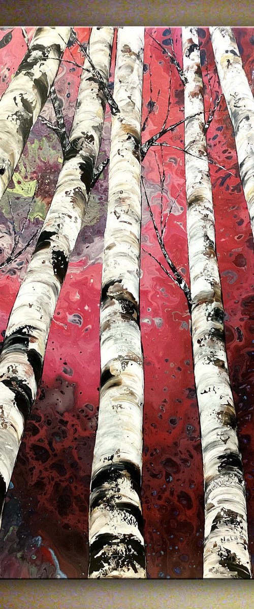 Red Forest - Large Birch Tree Painting by Nataliya Stupak