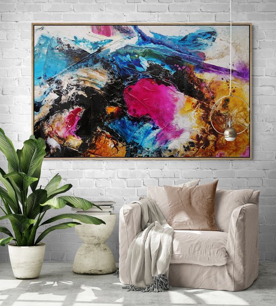 Red Violet Rush 160cm x 100cm Blue Pink Black Textured Abstract Art