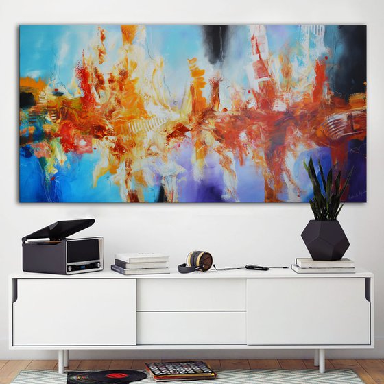 Abstract large painting - Volcano Tide Times - red, blue and yellow long abstract painting