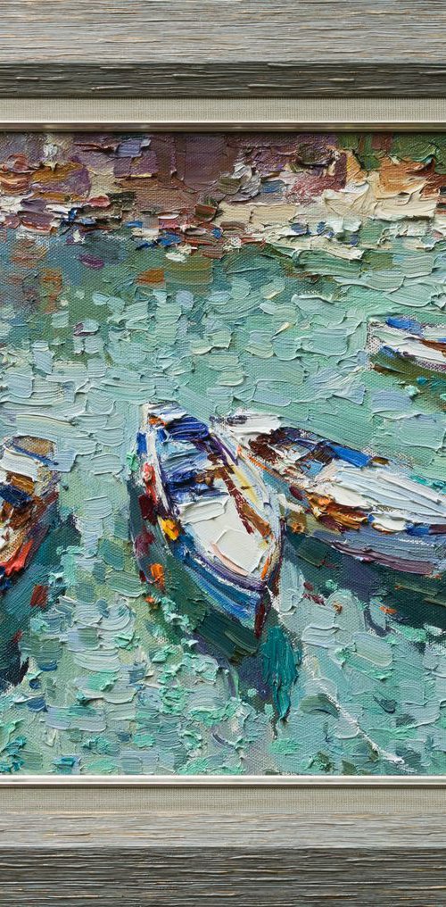 Moored rowing boats - Original oil seascape painting by Anastasiia Valiulina