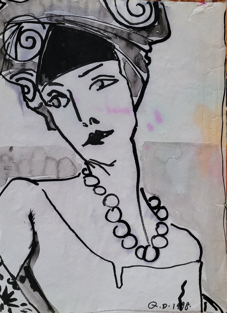 Expressive Portrait Ink Drawing By Qi Debrah, 9 X 12", Fashion Model Life Drawing 7, Original Artwork