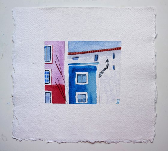 Lisbon small watercolor painting, colorful houses original painting, Portugal cityscape wall art