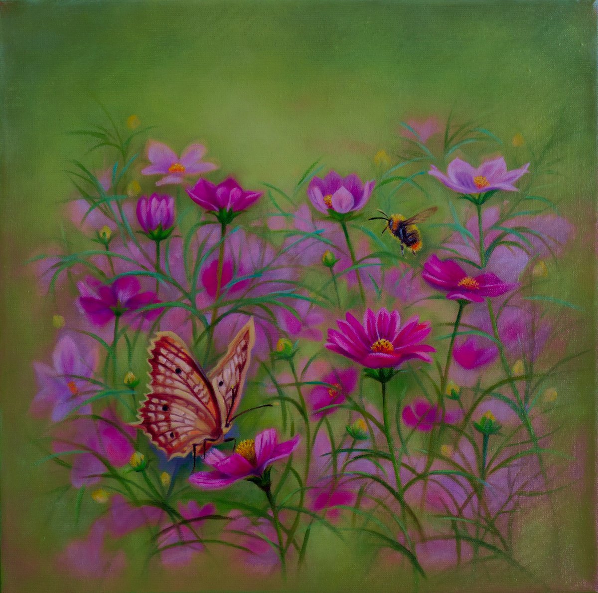 Photorealistic Botanical Oil Painting By Laura Cabral, 12 X 12", Pollinator Meeting, Original Artwork