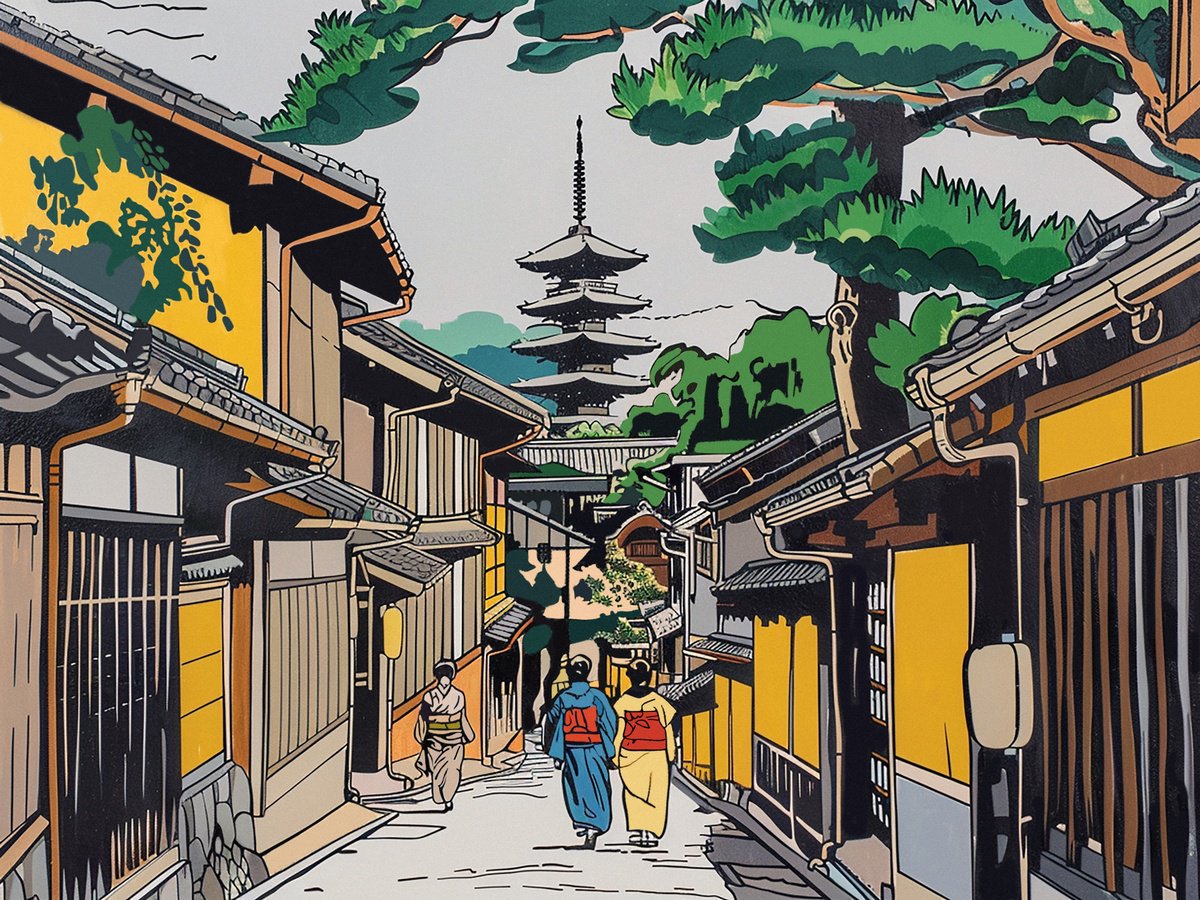 Cityscapes Acrylic Painting By Kosta Morr, 31 X 24", Street Of Old Kyoto, Original Artwork