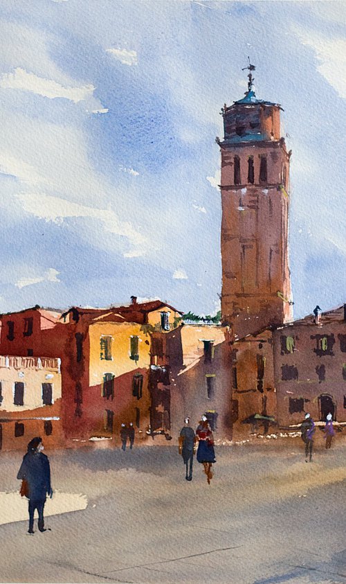 Venice. Sunny square. Medium format watercolor urban landscape Mediterranean italy sea bright architecture old travel by Sasha Romm