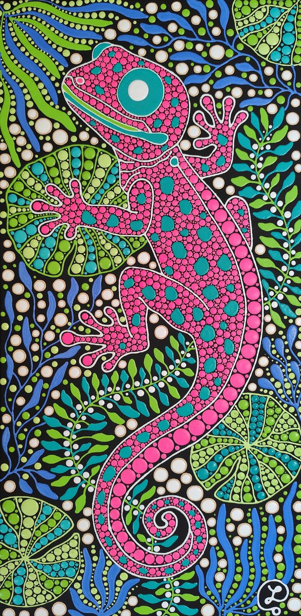 Expressive Animal Acrylic Painting By Oxana Lazari, 12 X 24", Pink Lizard, Original Artwork