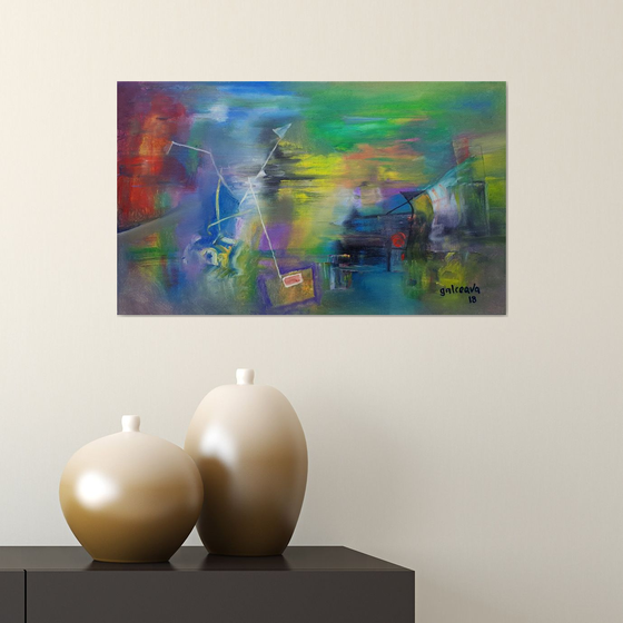 Before Sunset, Abstract Landscape, Oil Canvas, Modern painting, Rainbow tones,  Cozy House decor