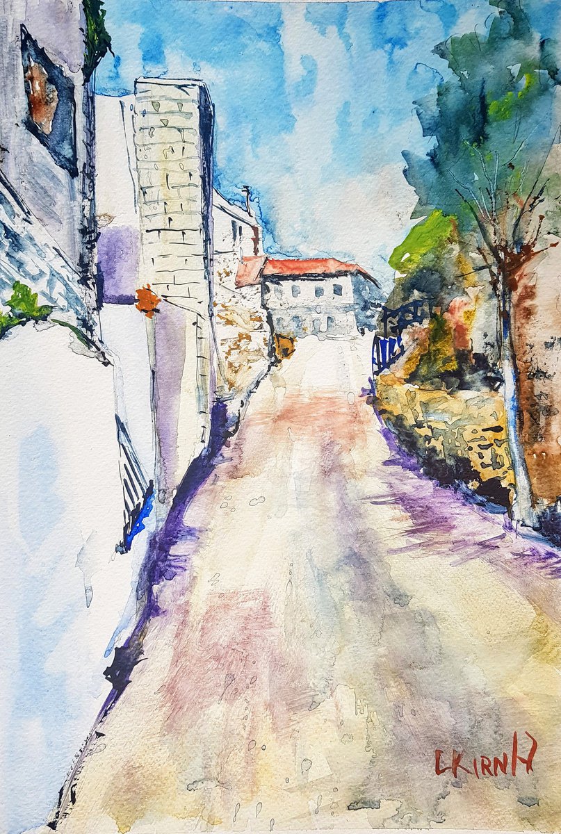 Impressionistic Landscape Watercolour By Leonid Kirnus, 10 X 14", The Dead End Street, Original Artwork