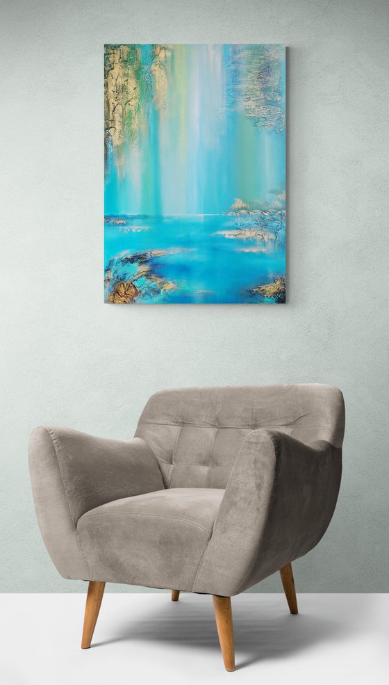 A XL large semi-abstract beautiful structured mixed media painting of a lake "Under the willow"