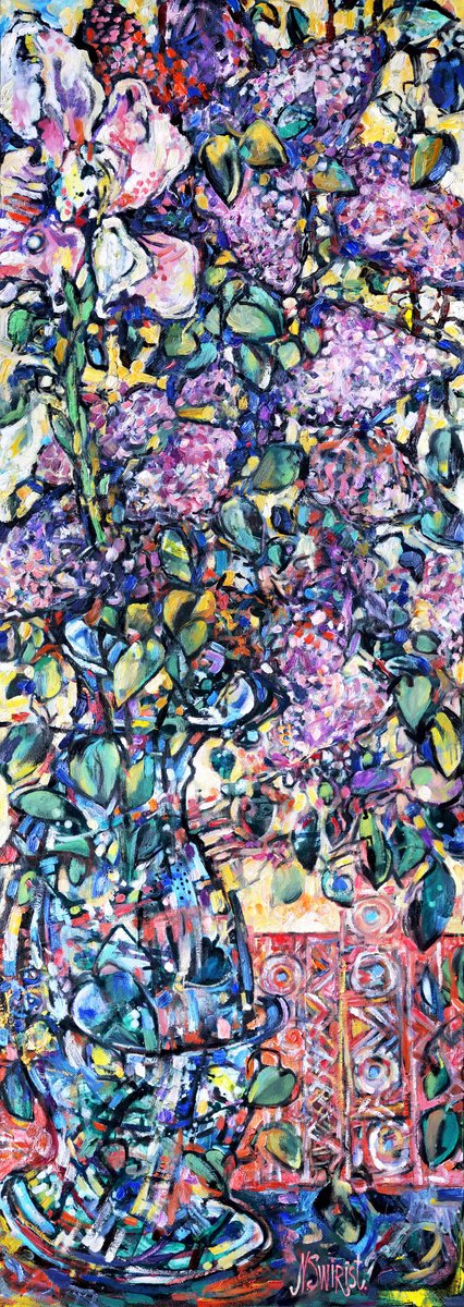 Impressionistic Still Life Oil Painting By Nikifor Swiristuhin, 20 X 55", Lilac And Iris., Original Artwork