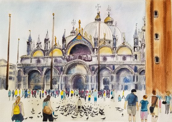 Saint Mark's Basilica in Venice (Basilica di San Marco) Original Watercolor Painting on Cold Press Paper 300 g/m or 140 lb/m. Cityscape Painting. Wall Art. 11" x 15". 27.9 x 38.1 cm. Unframed and unmatted.