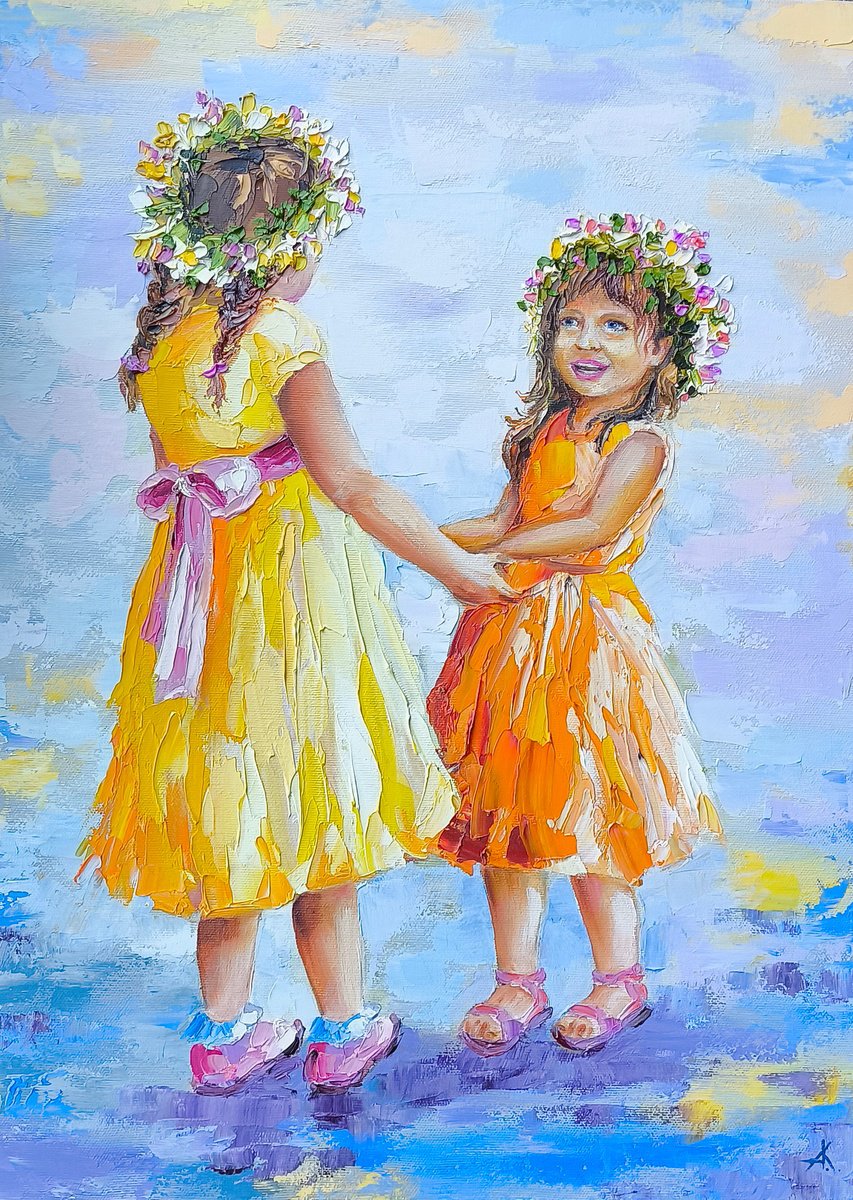 Impressionistic Portrait Oil Painting By Anastasia Kozorez, 16 X 22, Little Sisters, Original Artwork