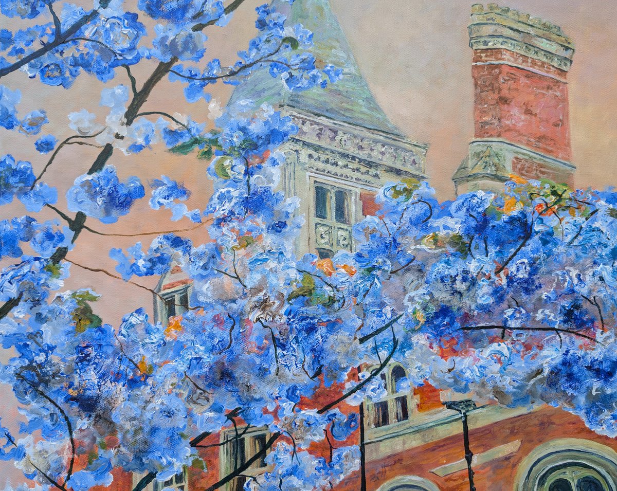 Impressionistic Cityscapes Acrylic Painting By Richard Freer, 24 X 20", Blue Blossom, Original Artwork