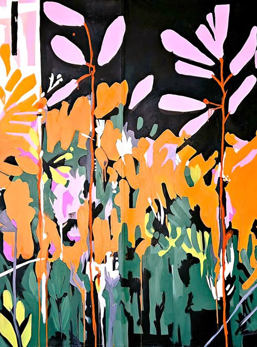 After the rain #3, orange pink black painting by V+V Kniazievi