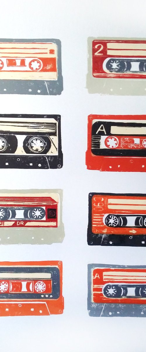 Linocut cassette tapes #60 by Carolynne Coulson