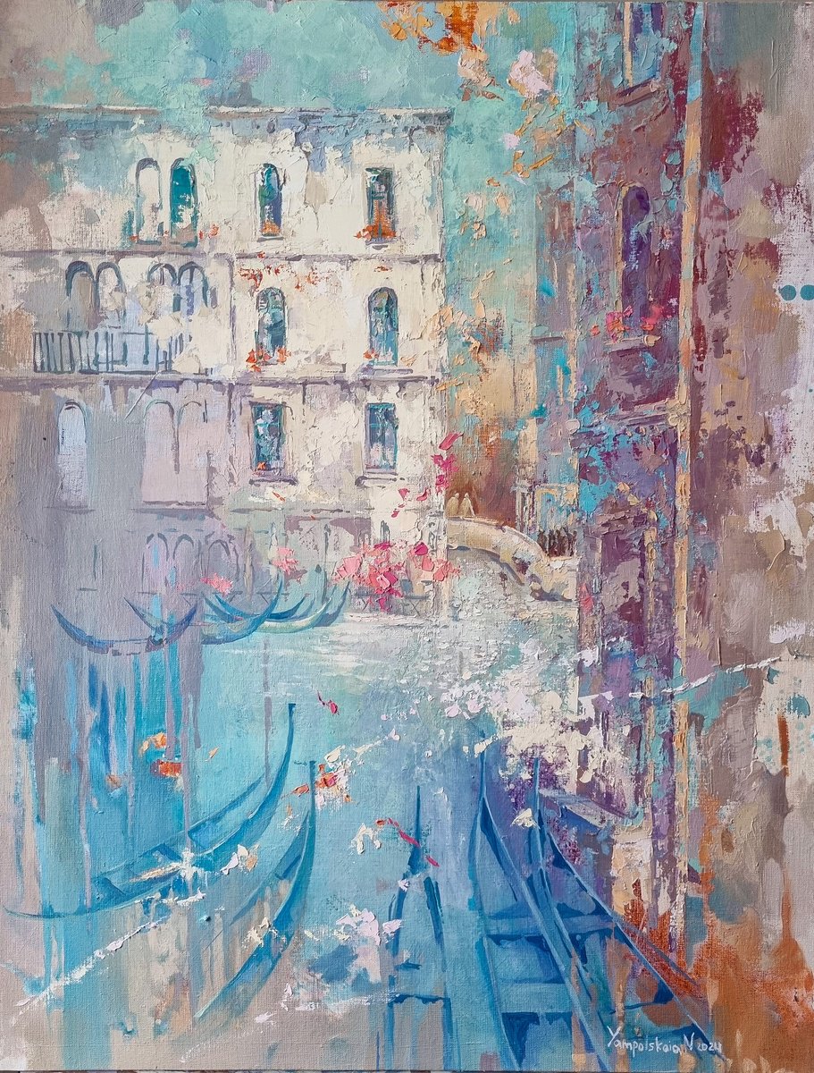Impressionistic Landscape Oil Painting By Natalia Yampolskaia, 28 X 35", Venetian Daydream, Original Artwork