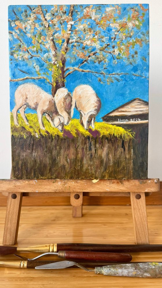 Sheep grazing under a tree