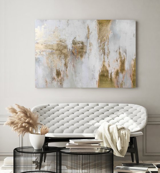 "Cascade 8" White and gold leaf abstract art