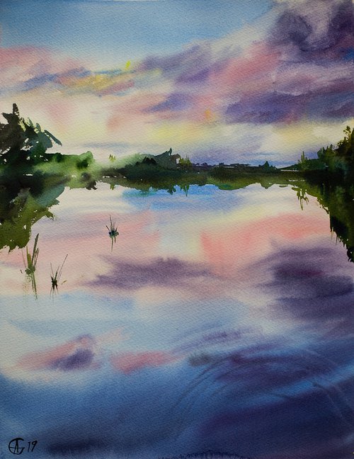 Sunset in Salamanca, Spain. Original watercolor. small nature landscape reflection pink bright by Sasha Romm