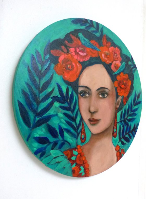 Inspiration Frida Kahlo, portrait of woman with flowering hair. Tondo 40 cm