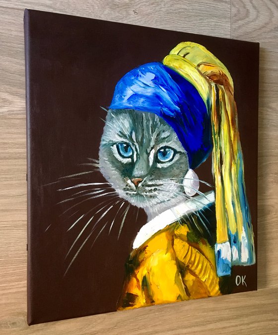 British blue Cat with the pearl earring inspired by Vermeer painting feline art for cat lovers gift idea