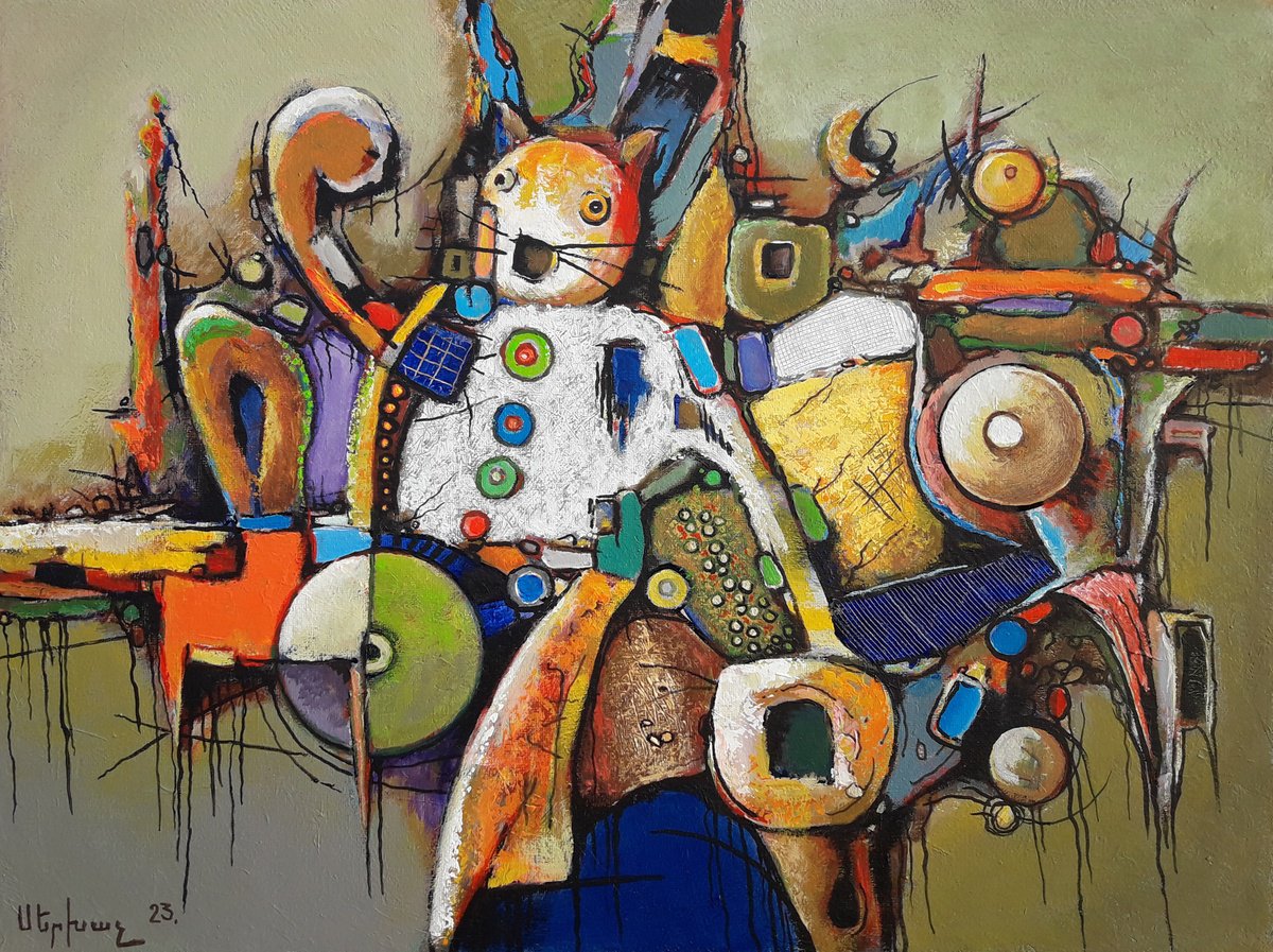 Abstract Animal Painting By Sergey Xachatryan, 31 X 24", The Cat, Original Artwork