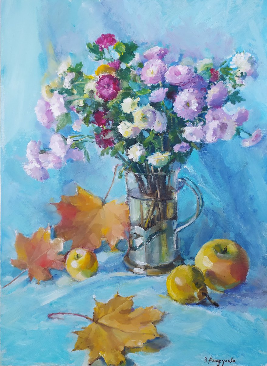 Impressionistic Still Life Oil Painting By Valentina Andrukhova, 16 X 22", Flowers And Apples, Original Artwork
