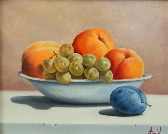 Still life with summer fruits (24x30cm, oil painting, ready to hang)
