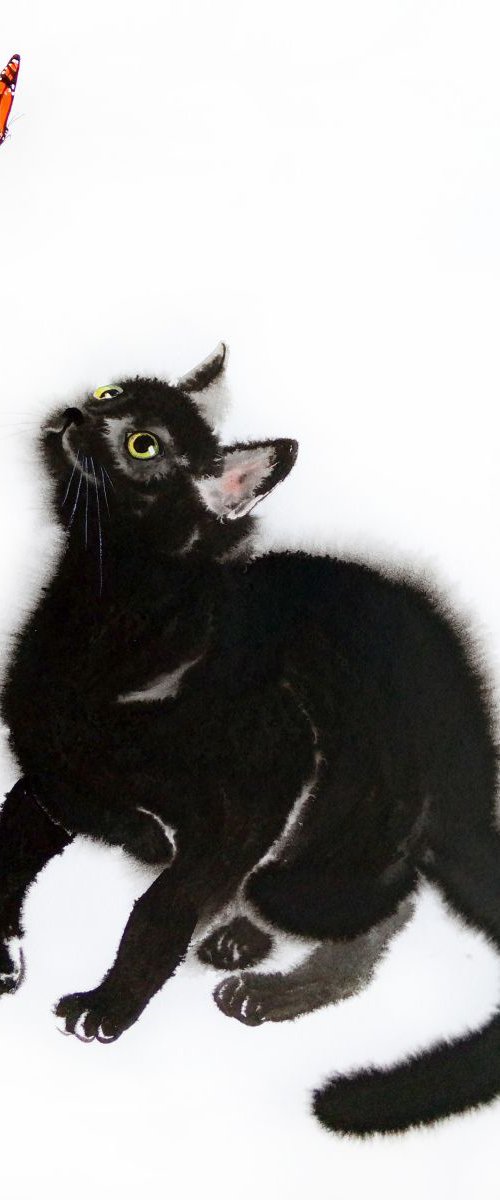Black Cat Playing with Butterf by Olga Beliaeva Watercolour