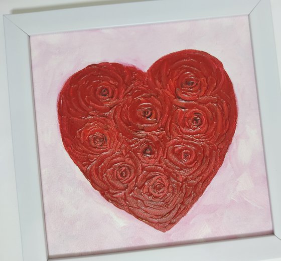 Christmas Valentine - heartful of red roses - palette knife acrylic painting - floral textured artwork - Christmas gift- ready to hang