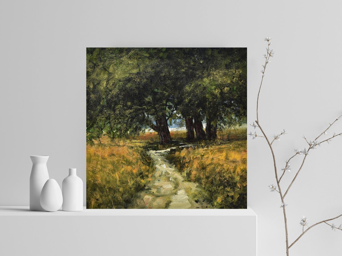 Impressionistic Landscape Oil Painting By Ivan Grozdanovski, 29 X 29, Summer Path, Original Artwork