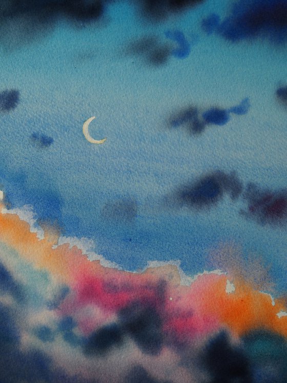 New moon - original watercolor sky and clouds painting