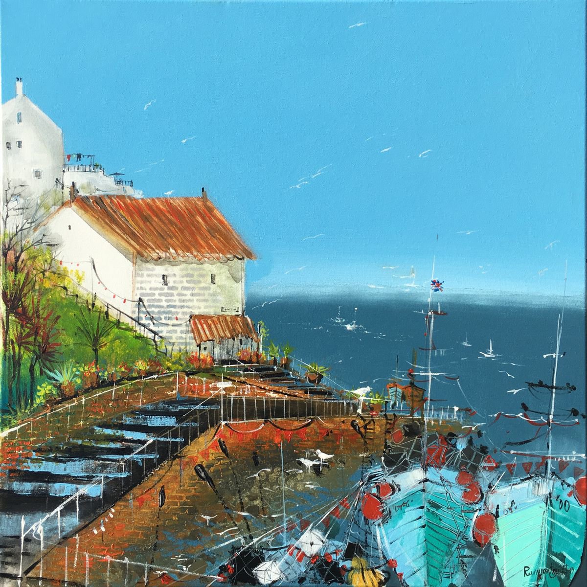 Impressionistic Cityscapes Acrylic Painting By Irina Rumyantseva, 30 X 30, Cornwall Sunny Harbour, Original Artwork
