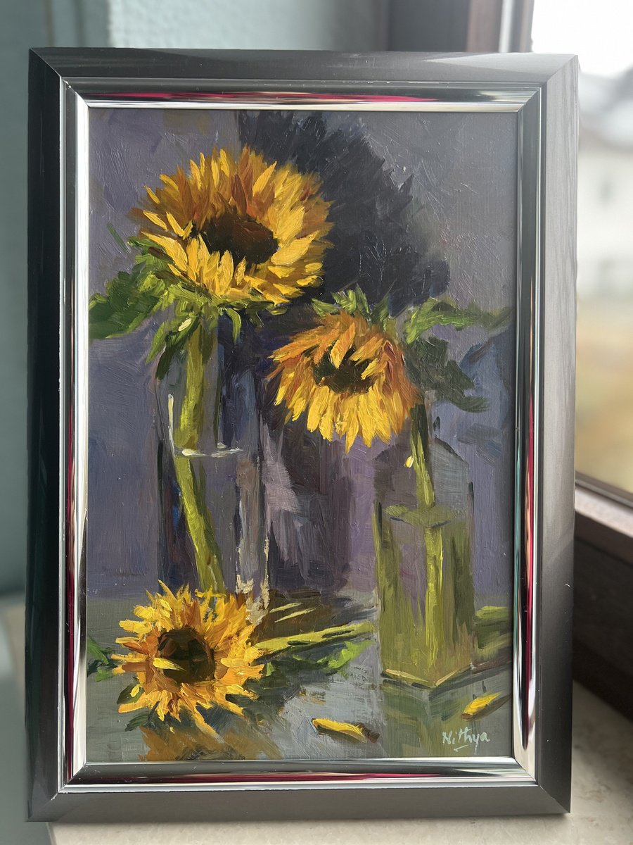 Expressive Still Life Oil Painting By Nithya Swaminathan, 10 X 14", Three Sunflowers On Purple, Original Artwork