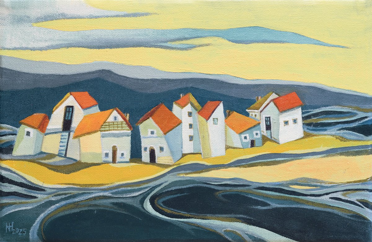 Organic Landscape Oil Painting By Aniko Hencz, 12 X 8, The Seaside Village, Original Artwork
