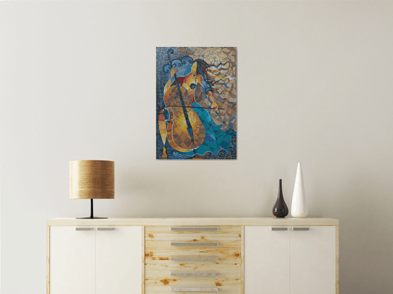 Cellist (70x50cm, oil painting, modern art, ready to hang, music painting)