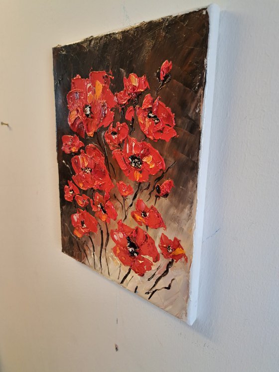 Red poppies brown background