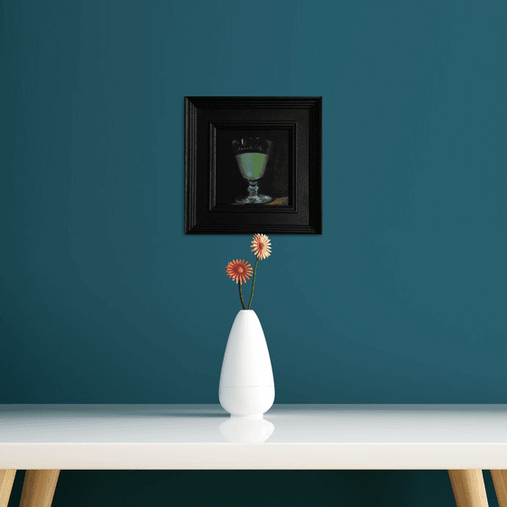 Pernod Absinthe Still Life original oil realism painting, with black wooden frame.