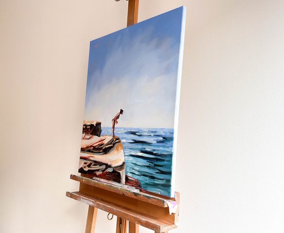Jump or not? - Woman on Rocks Seascape Original Painting