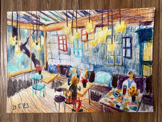 colorful cafe - pencil drawing
