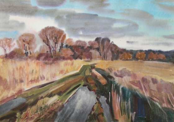 Road in a field, large watercolor painting 98x68 cm