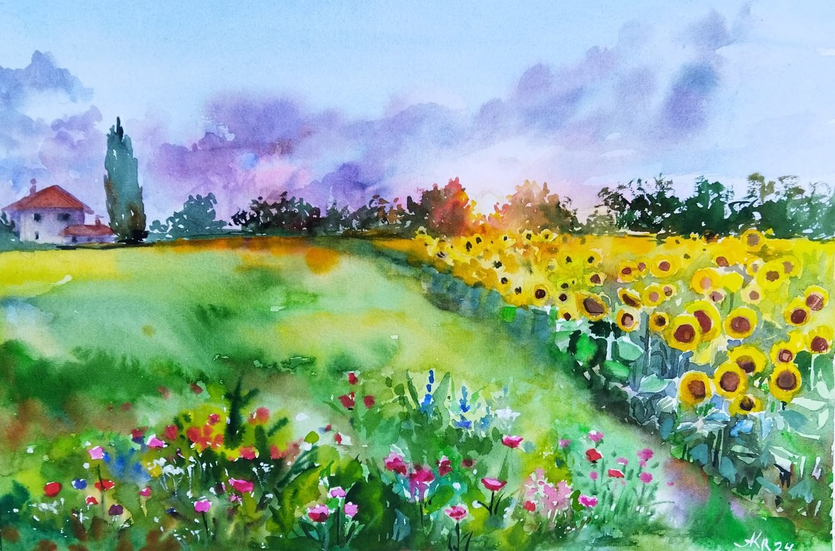 Impressionistic Landscape Watercolour By Ann Krasikova, 18 X 12, Landscape With Sunflowers, Original Artwork