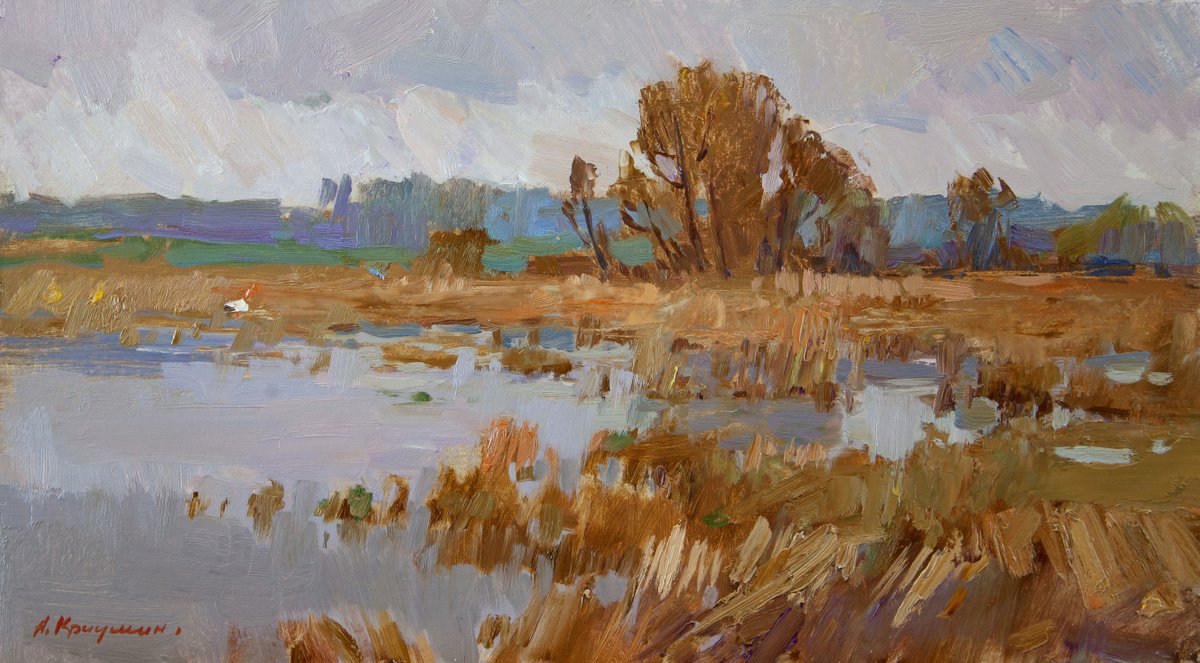 Impressionistic Landscape Oil Painting By Aleksandr Kryushyn, 22 X 12, Early Spring, Original Artwork