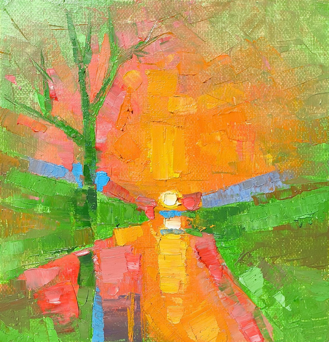 Abstract Landscape Oil Painting By Narek Qochunc, 8 X 8", Emerald Sunset, Original Artwork