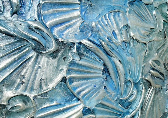 BEACH TREASURES II. Abstract Textured 3D Art, Contemporary Blue Silver Painting with Dimensions