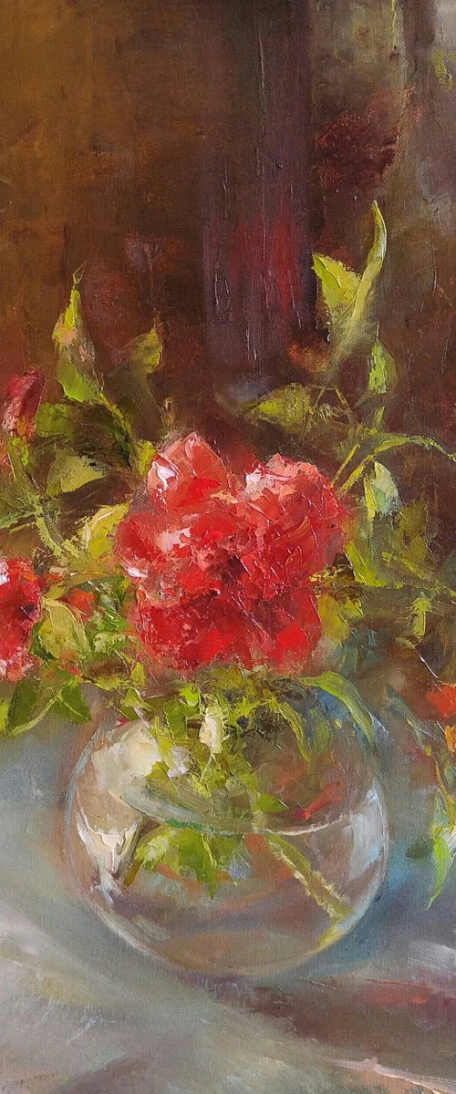 Wild roses, original, one of a kind, oil on canvas still life (16×20") by Alexander Koltakov
