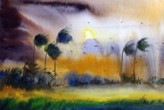 Monsoon Rural Landscape - Watercolor painting