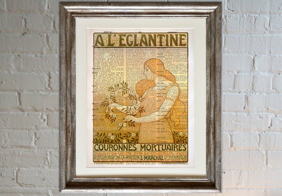A L'Eglantine Couronnes Mortuaires - Collage Art Print on Large Real English Dictionary Vintage Book Page