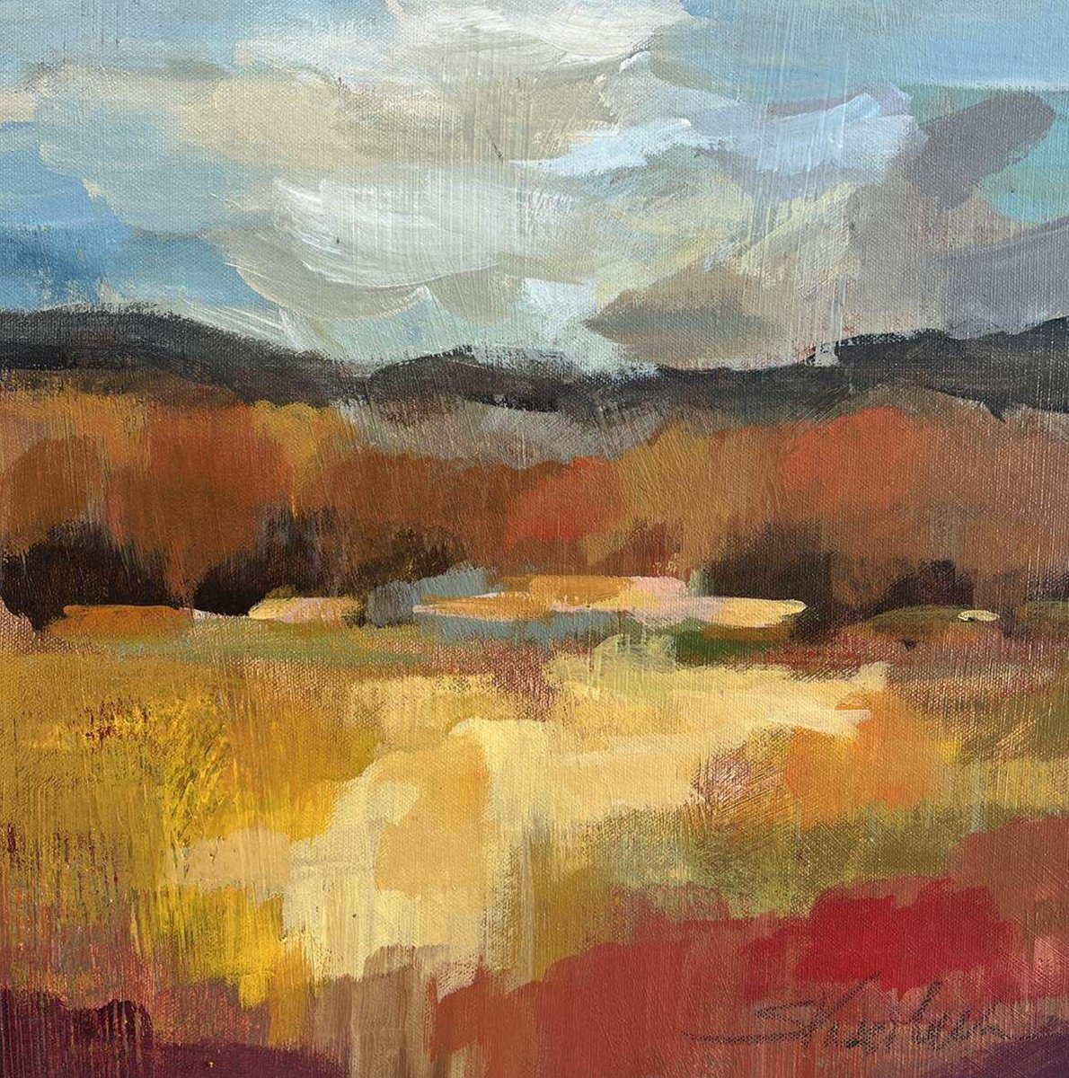 Impressionistic Landscape Acrylic Painting By Silvia Vassileva, 12 X 12", October Moment, Original Artwork